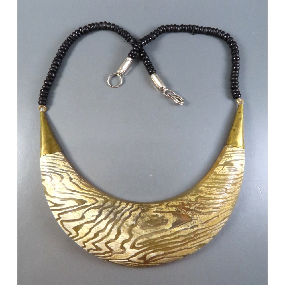 VTG Exotic Bib Necklace CARVED HORN CRESCENT Brass &Black Beads EGYPTIAN REVIVAL